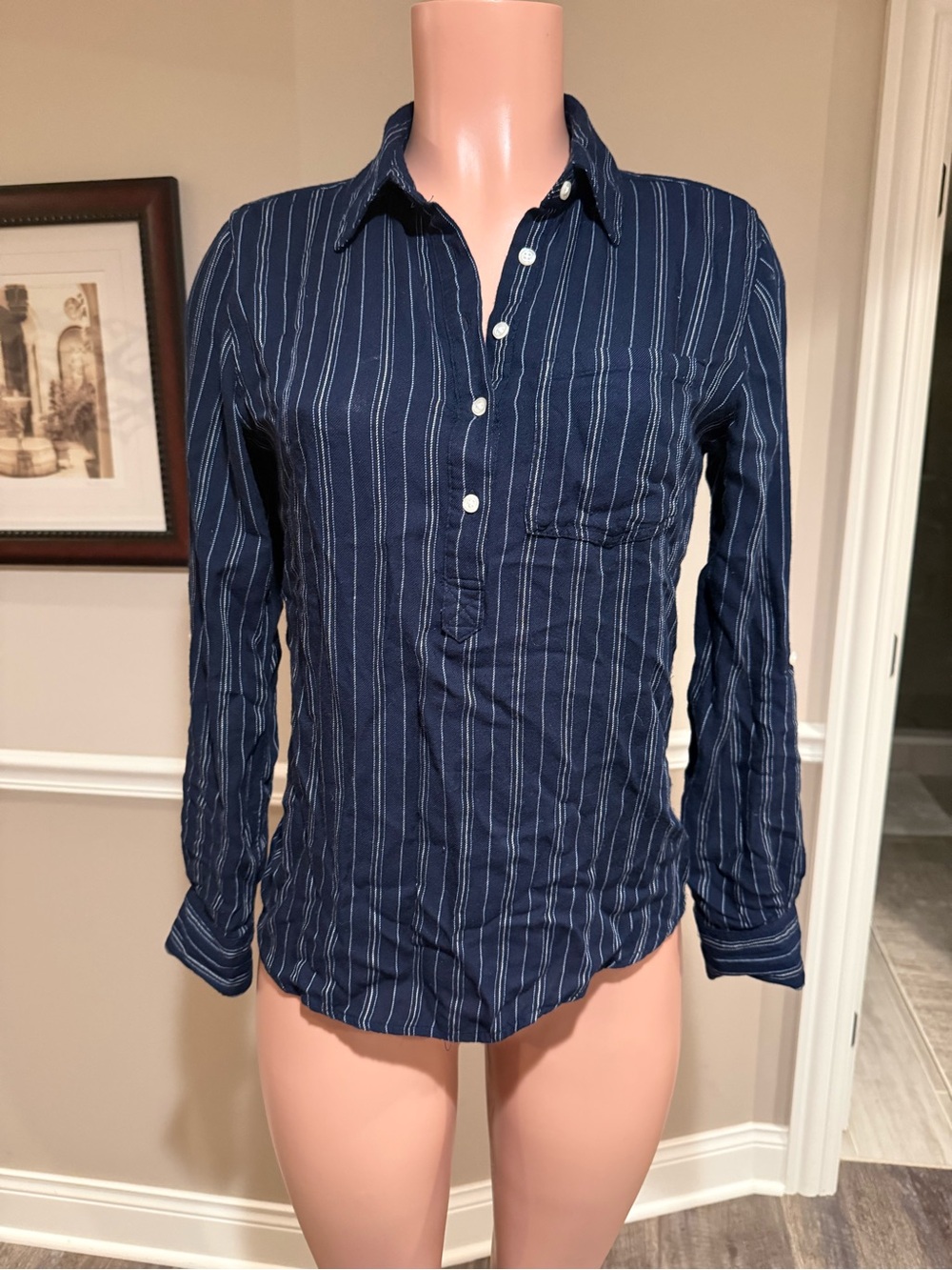 Women's Navy Blue Striped Button-Down Casual Shirt